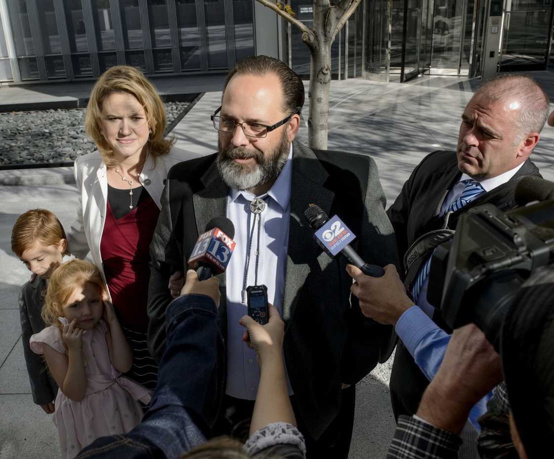 Rick Koerber with wife Jewel and children outside federal courthouse, 2014